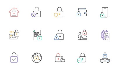 Poster - Locks line icons. Fingerprint protection, Unlock code and Credit card password icons. Open padlock, Locked document and Network lock. Online wallet, Fingerprint access and info protection. Vector