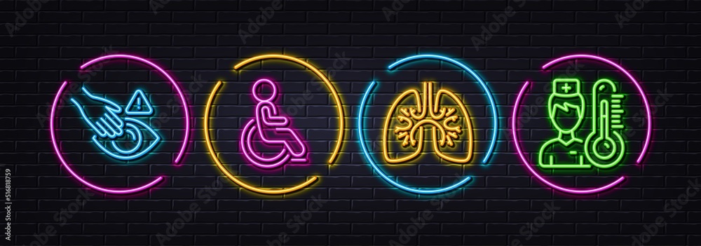 Dont touch, Lungs and Disability minimal line icons. Neon laser 3d lights. Thermometer icons. For web, application, printing. Clean hand, Respiratory pneumonia, Wheelchair user. Vector