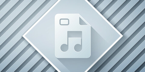 Poster - Paper cut MP3 file document. Download mp3 button icon isolated on grey background. Mp3 music format sign. MP3 file symbol. Paper art style. Vector