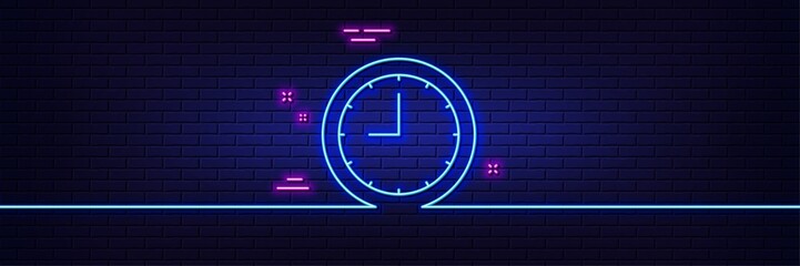 Poster - Neon light glow effect. Clock line icon. Time sign. Office Watch or Timer symbol. 3d line neon glow icon. Brick wall banner. Time outline. Vector