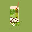 Matcha bubble tea, pearl milk tea isolated on green background. Summer cold drink vector illustration