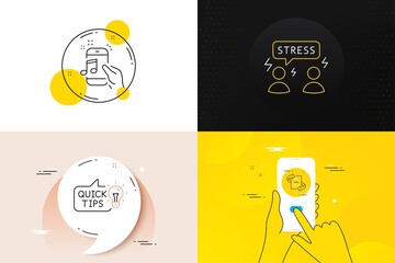 Poster - Minimal set of Difficult stress, Technical algorithm and Music phone line icons. Phone screen, Quote banners. Education idea icons. For web development. Mind anxiety, Project doc, Radio sound. Vector