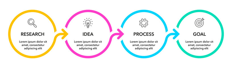 Infographic circle with arrow. Infographic 4 options or steps sumbols. Research, idea, process, goal. Info graph, workflow layout, process diagram, flow charts, presentations, banners - stock vector.