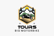 Big bike sidecar logo design for travel or adventure, big motorbike silhouette blended with nature in a hexagon