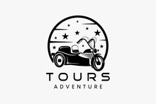 Big Motorbike Logo Design Sidecar For Travel Or Adventure, Big Motorbike Silhouette Combined With Sky And Stars In A Circle
