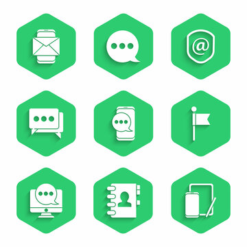Set Chat messages notification on phone, Address book, Phone and graphic tablet, Location marker, monitor, Speech bubble chat, Shield with mail e-mail and Mobile envelope icon. Vector