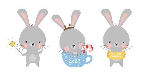 Wall Mural - Set of Christmas funny cute bunnies. Animal rabbit