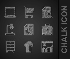 Poster - Set Document with graph chart, Cloud database, Graph infographic, Briefcase, Archive papers drawer, Table lamp, and Laptop icon. Vector