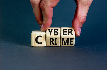 Wall Mural - Cyber crime symbol. Concept words Cyber crime on wooden cubes. Businessman hand. Beautiful grey table grey background. Business and cyber crime concept. Copy space.