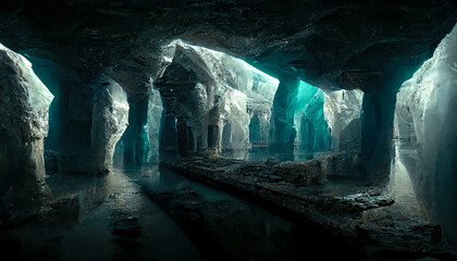 Wall Mural - Abstract ice underground fantasy caves. Rays of light in a dark ice cave. Cold, ice, freshness. Blue neon ice with wet. 3D illustration.