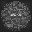 © kanvictory - Hackathon and datathon hand drawn chalk icons set on the blackboard in Doodle sketch style. Vector circle concept for the event for developers, programmers and managers on a black background