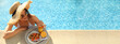 © New Africa - Young woman with delicious breakfast in swimming pool, banner design