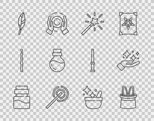 Wall Mural - Set line Bottle with potion, Magician hat and rabbit ears, wand, feather, Witch cauldron and Sparkle stars magic trick icon. Vector