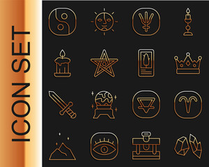 Poster - Set line Magic stone, Aries zodiac, King crown, Neptune planet, Pentagram, Burning candle, Yin Yang and Tarot cards icon. Vector