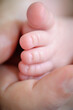 © guruXOX - Close-up detail of mother holding cute and soft baby small leg in her hands. Macro abstract view of sweet baby foot fingers. Soft child skin feet. Love and family emotion