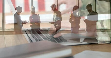 Poster - Animation of diverse group of business people over person using laptop