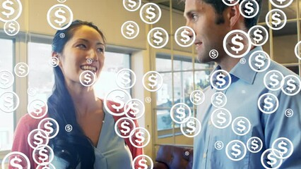 Poster - Animation of falling dollar sign over diverse couple