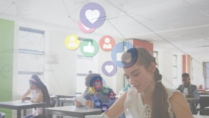 Poster - Animation of falling social media icons over diverse group of students