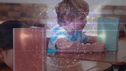 Poster - Animation of network of connections over reading caucasian boy