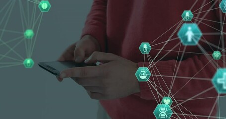 Poster - Animation of network of connections with icons over person using smartphone