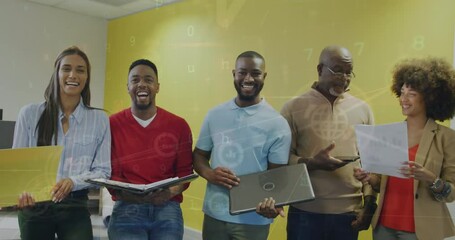 Poster - Animation of connections and numbers over happy diverse female and male coworkers in office