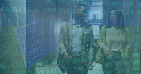 Poster - Animation of financial graphs and data over diverse female and male coworkers in office