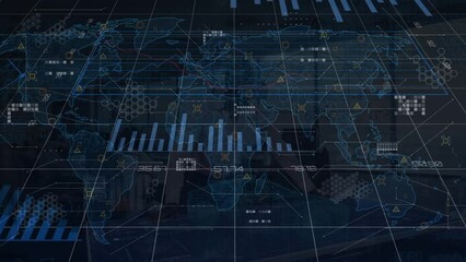 Poster - Animation of world map with data processing over caucasian businessman using vr headset