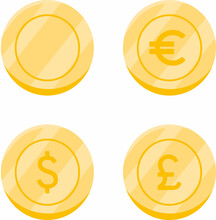 Set Of Coins. Illustration Of Dollar Coin, Pound Coin, Euro Coin