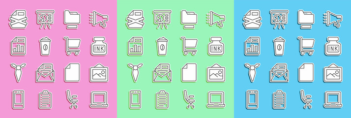 Poster - Set line Laptop, Picture landscape, Inkwell, Document folder, Coffee cup go, with graph chart, Delete file document and Shopping cart icon. Vector