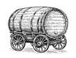 Wooden barrel with wine or beer in old wheeled wagon. Winery or brewery concept. Hand drawn vector illustration in vintage engraving style