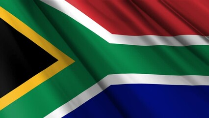 Wall Mural - Close up realistic texture silk satin flag of South Africa waving fluttering background. National symbol of the country. 27th of April, Happy Day concept. 3D animation 1080p Full HD