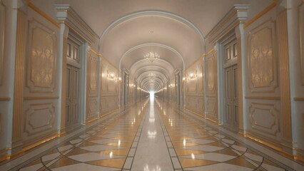 beautiful bright baroque corridor with gold decor. seamless looping animation.4k
