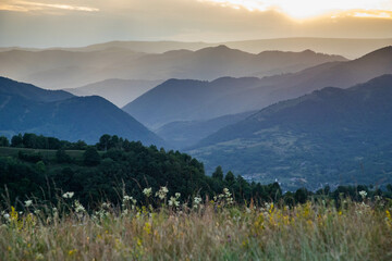 banner of mountain peaks in beautiful sunset light