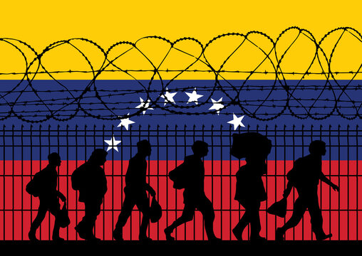 Flag of Venezuela - Refugees near barbed wire fence. Migrants migrates to other countries.
