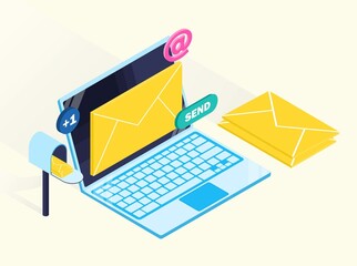 Poster - electronic mail concept. email business correspondence and communication on internet, laptop with ne