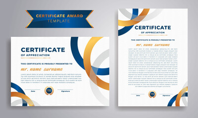 Certificate of appreciation template, gold and blue color. Clean modern certificate with gold badge. 