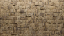 3D, Natural Stone Wall Background With Tiles. Polished, Tile Wallpaper With Square, Textured Blocks. 3D Render