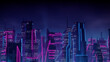 Sci-fi Metropolis with Blue and Pink Neon lights. Night scene with Futuristic Skyscrapers.