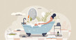 Self care with bath tub relaxation and SPA treatment tiny person concept. Process with bathtub foams, leisure and hot water therapy vector illustration. Carefree procedure for mental and body pleasure