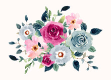 Vintage Pink Blue Watercolor Floral Bouquet
