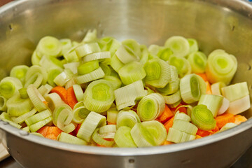 Canvas Print - Sliced leeks and carrots in a cooking bowl