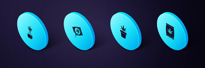 Sticker - Set Isometric Marijuana or cannabis seeds, plant in pot, and Test tube with marijuana icon. Vector