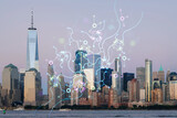 Fototapeta  - Skyline of New York City Financial Downtown Skyscrapers at sunset. Manhattan, NYC, USA. View from New Jersey. Artificial Intelligence concept, hologram. AI, machine learning, neural network, robotics