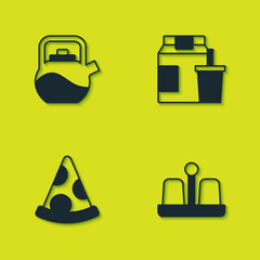 Sticker - Set Kettle with handle, Salt pepper, Slice of pizza and Online ordering delivery icon. Vector