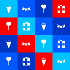 Wall Mural - Set Ice cream in waffle cone, Carnival garland with flags, Balloons form of heart and Gift box icon. Vector