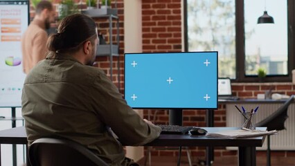 Poster - corporate employee using greenscreen display on computer, working in freelance with copyspace templa