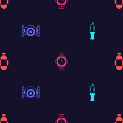 Poster - Set Diving knife, Photo camera for diver, watch and Aqualung on seamless pattern. Vector