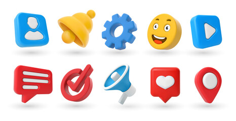 Poster - Marketing 3D icons. Location pin, check mark, yellow smile emoji and notification bell. Contacts and settings, megaphone and play video button vector set