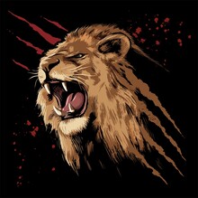 Roaring Lion Face With The Claws Scratches And Blood Stains On Background.