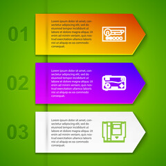 Poster - Set line Create account screen, Mobile and playing in game, Cartridge and Joystick for arcade machine. Business infographic template. Vector